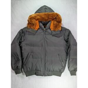 XOXO Outerwear Sz M Vintage-Style Bomber/Puffer Coat Full-Zip Faux Fur-Trim Hood